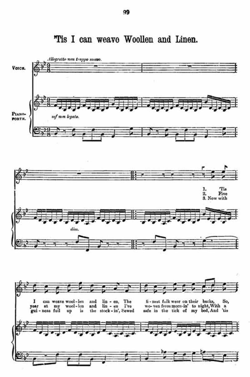 Music score to 'Tis I can weave Woollen and Linen